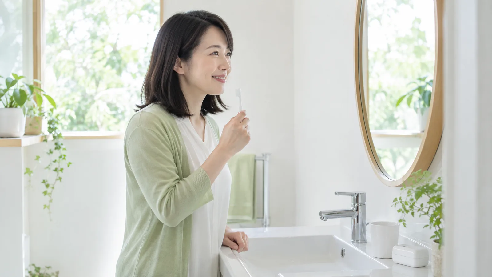 朝の洗面所で、30代の女性が歯ブラシを手に鏡を見ている