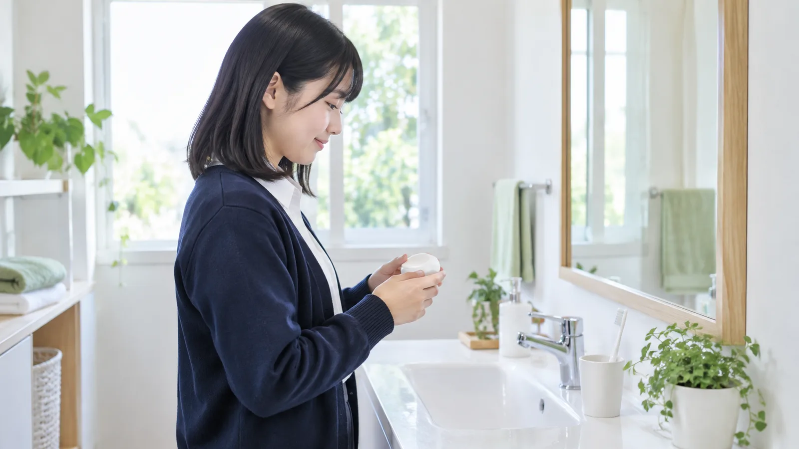 朝の洗面所で、高校生の女の子が小さなケースを手にしている横顔