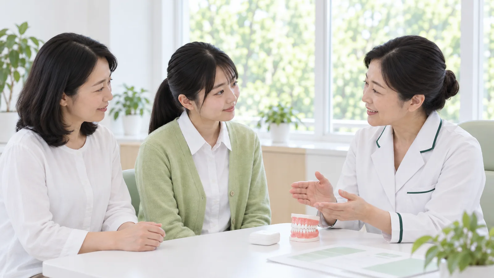 相談室で、矯正歯科医が高校生の女の子と、保定をいつまで続けるかを話している