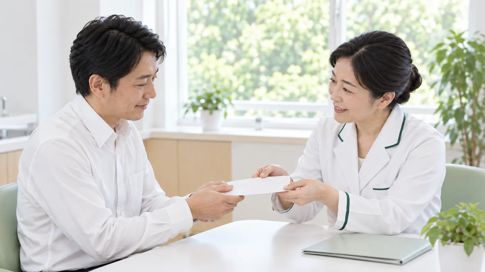 相談室で、矯正歯科医が病院への紹介状の封筒を患者さんに渡している