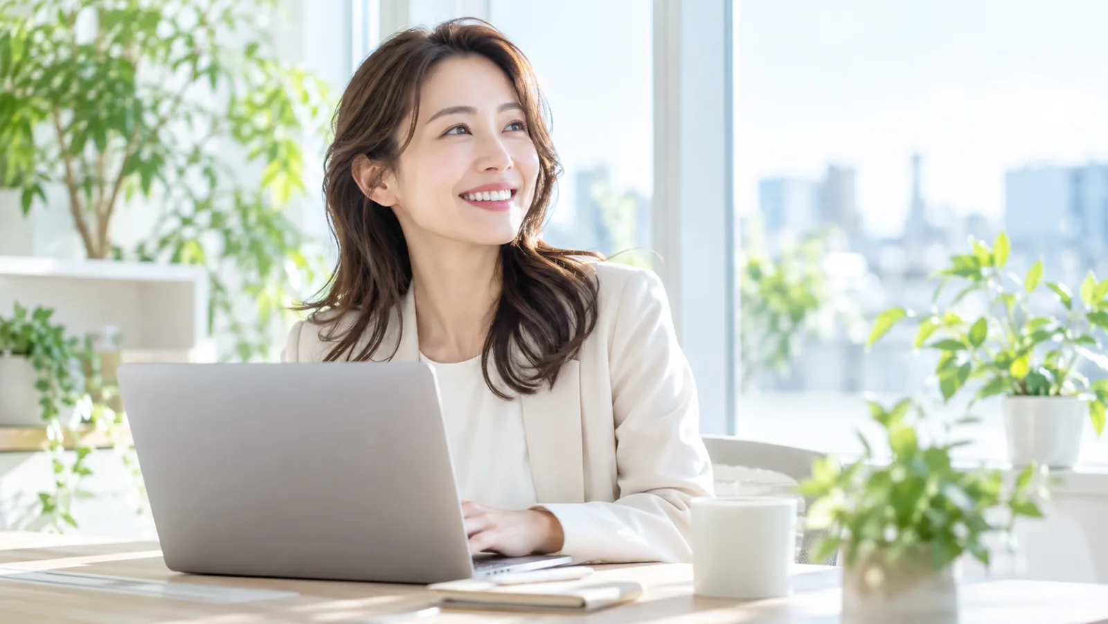 明るいオフィスの窓辺で、30代の女性が整った歯並びで自然に笑っている