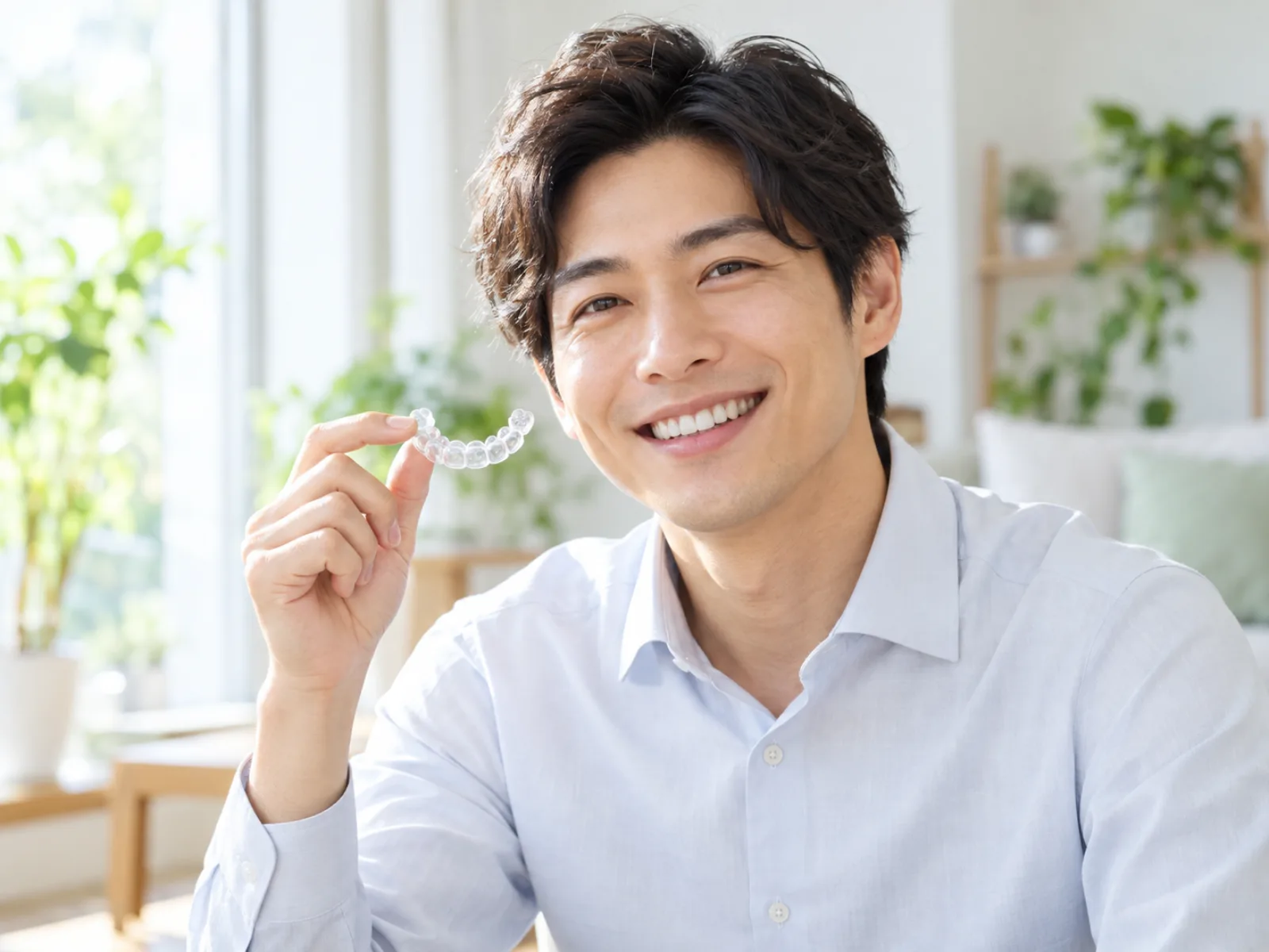 朝の自宅で、30代の男性が透明なマウスピースを手に持って笑っている
