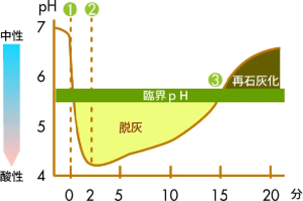 食べたあとの口の中のpHの変化のグラフ。食べてすぐpHが臨界pHより下がって歯が溶け(脱灰)、20分ほどかけて戻る(再石灰化)