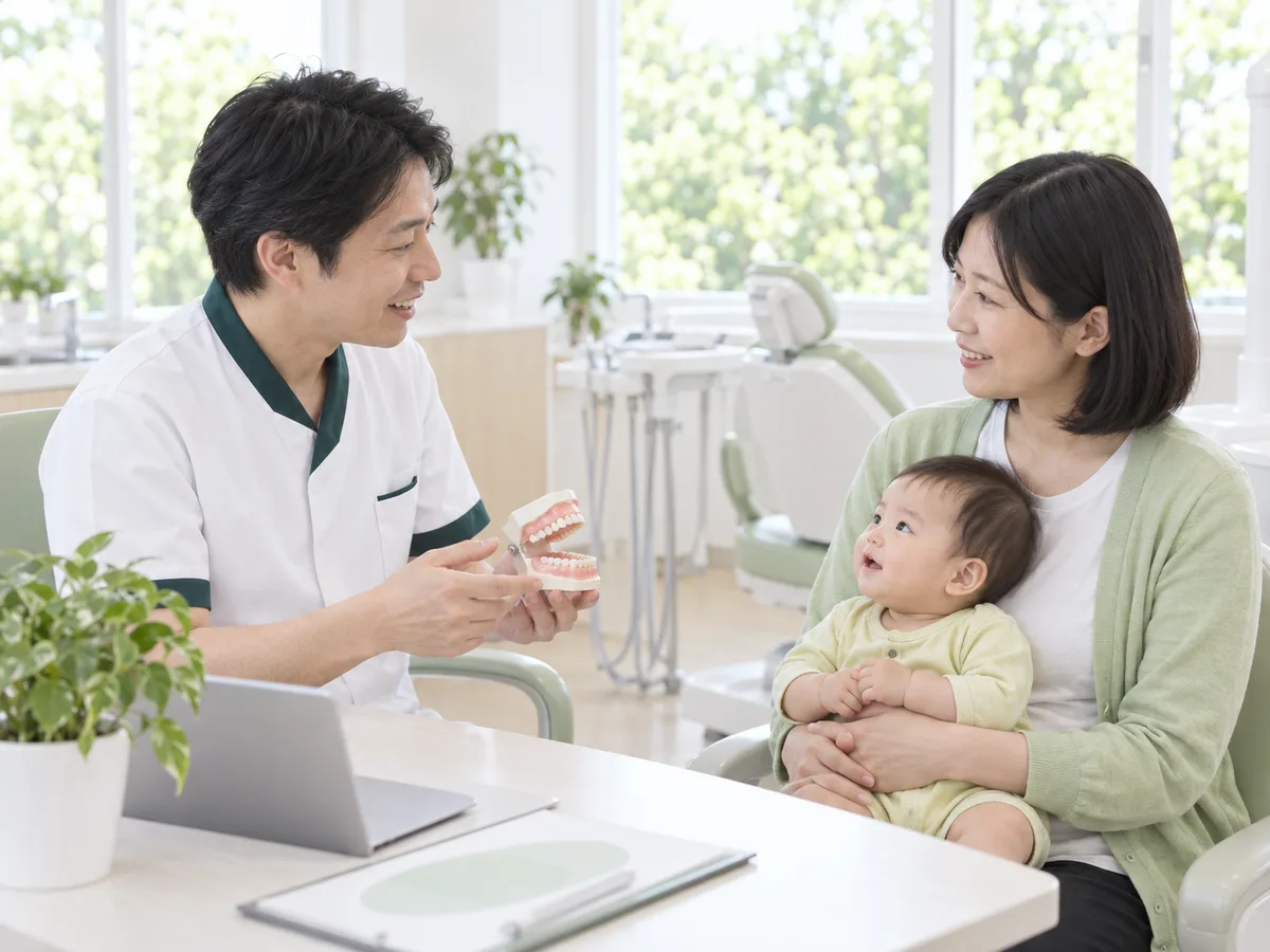 明るい相談室で、歯科医師が赤ちゃんを抱いた母親に話しかけている