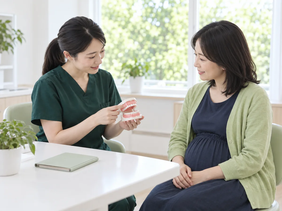 相談室で、歯科衛生士が妊婦さんと向かい合って話している