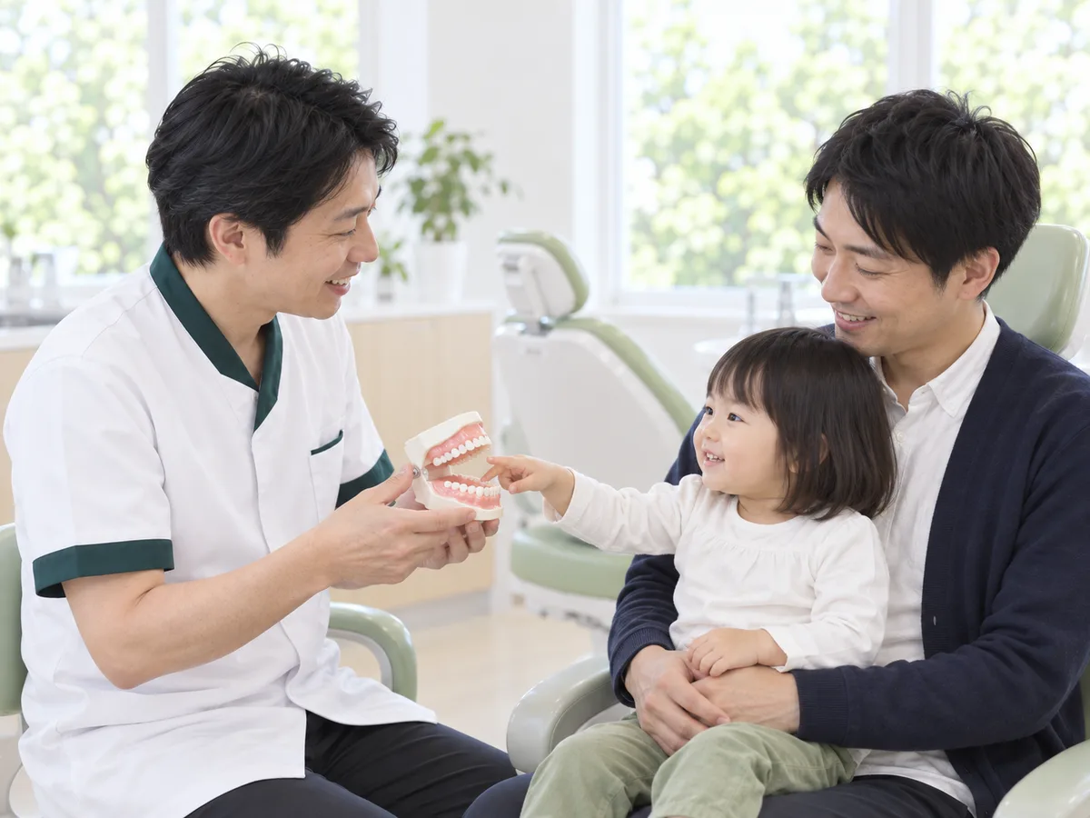 診療台で、父親のひざに座った幼い女の子に、歯科医師が目の高さで歯の模型を見せている