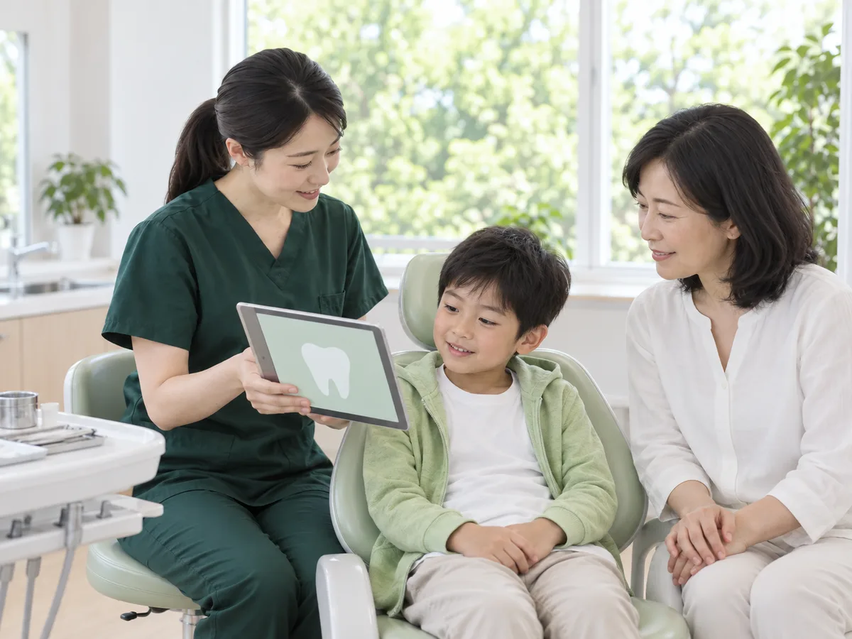 診療台のそばで、歯科衛生士が小学生の男の子と母親にタブレットの図を見せている
