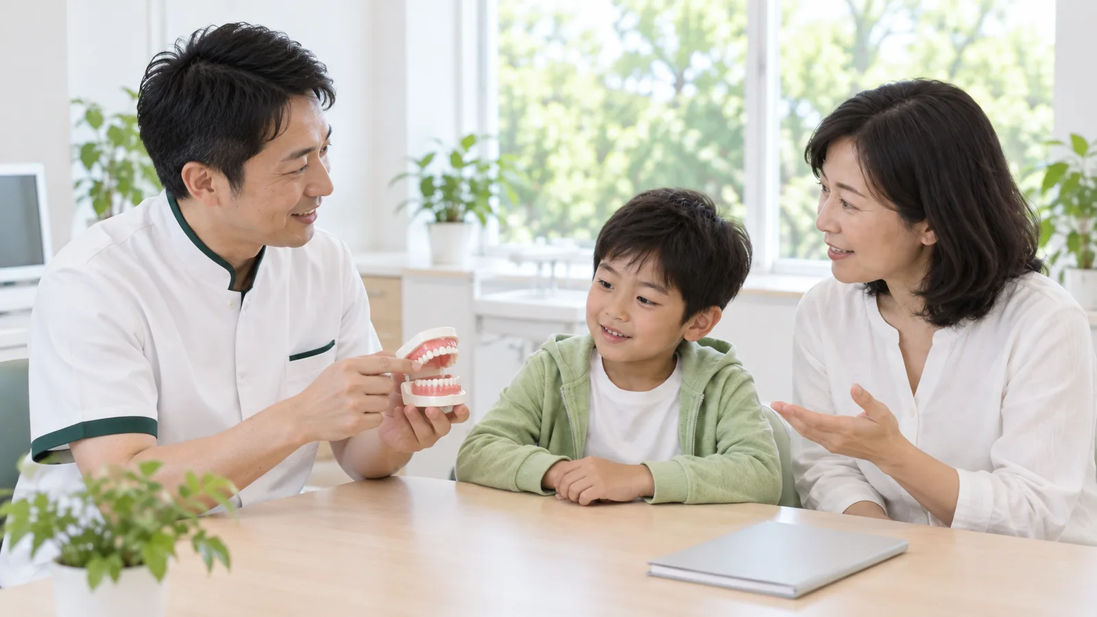 明るい相談室で、歯科医師が小学生の男の子と母親の質問に答えている