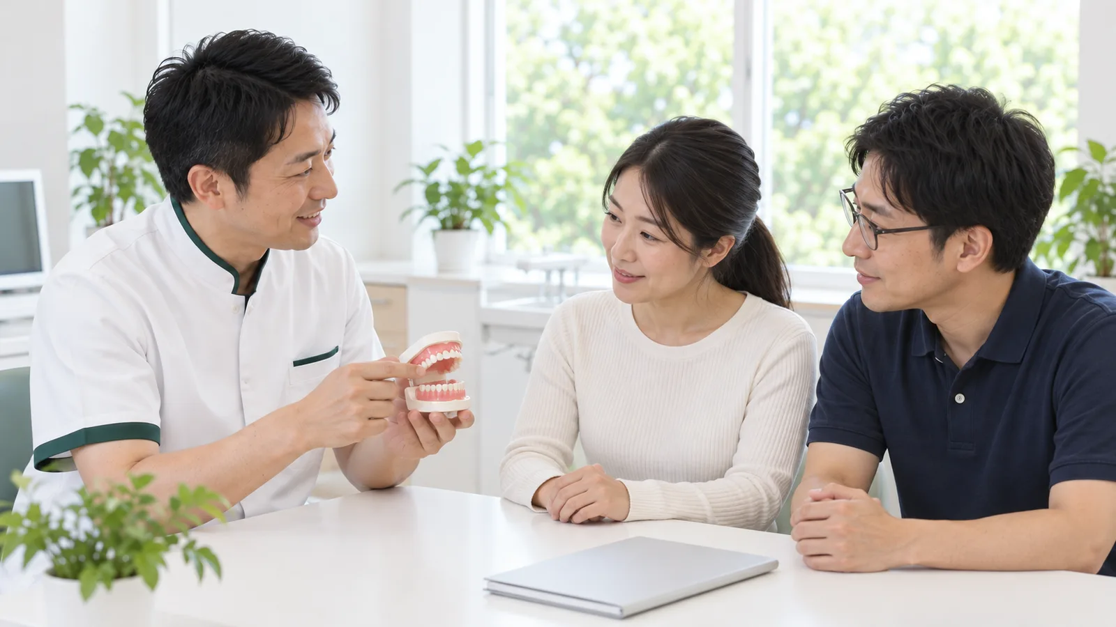 相談室で、歯科医師が妊娠を考えている夫婦に歯の模型を見せながら話している