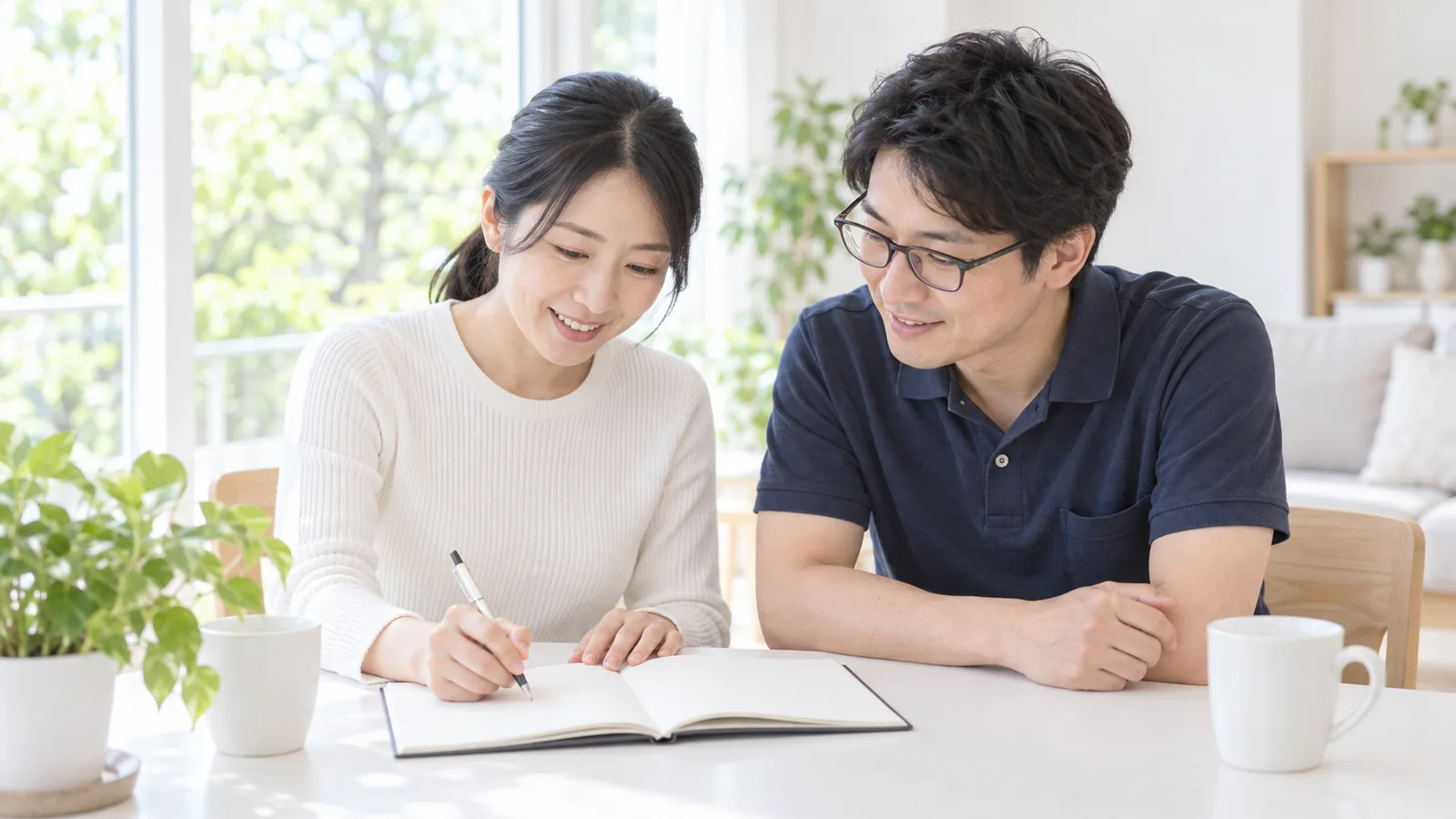 窓辺のテーブルで、夫婦がノートに予定を書き込んでいる手元