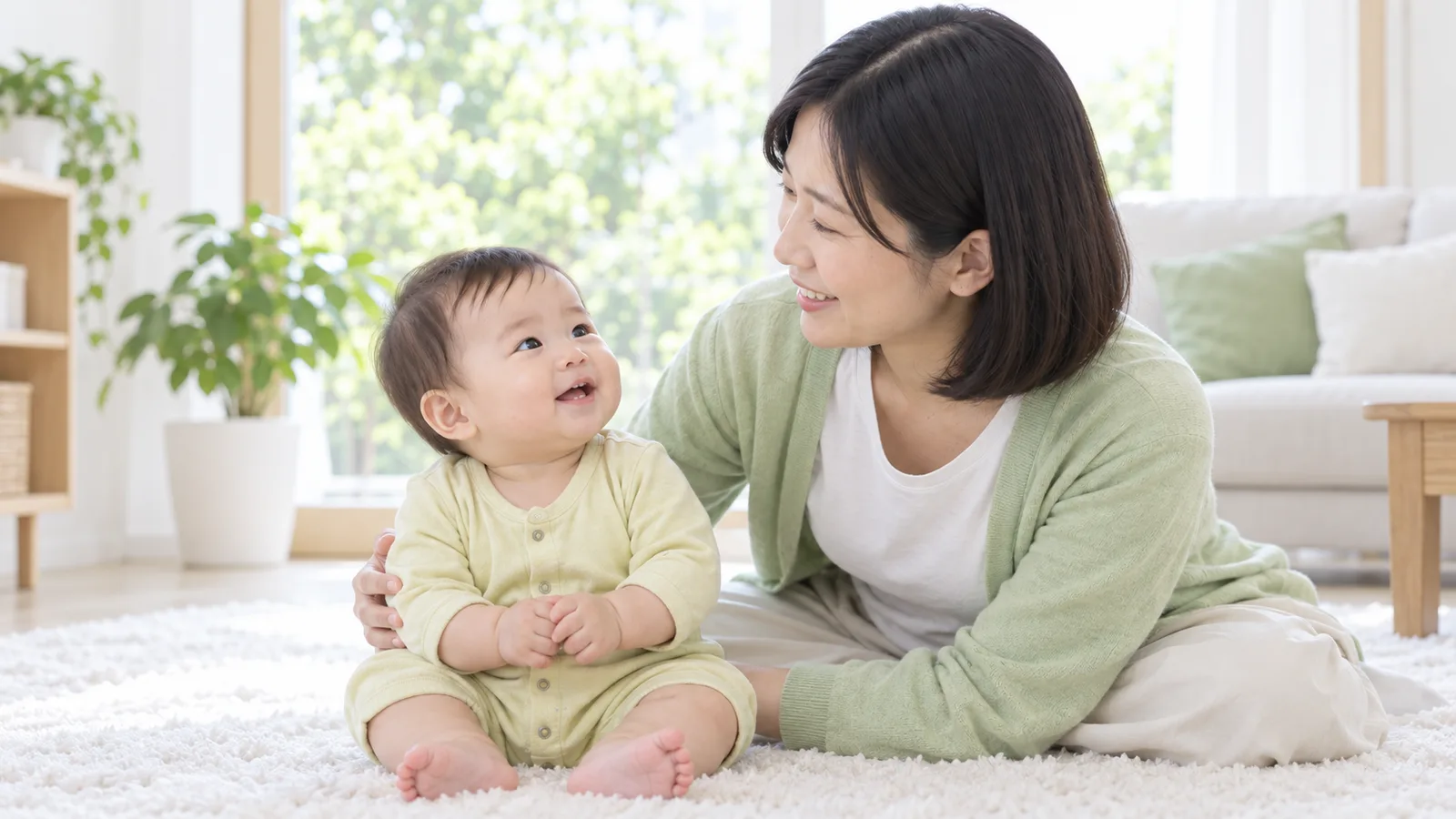 リビングで、生えたばかりの下の前歯を見せて笑う赤ちゃんと、のぞき込む母親の横顔