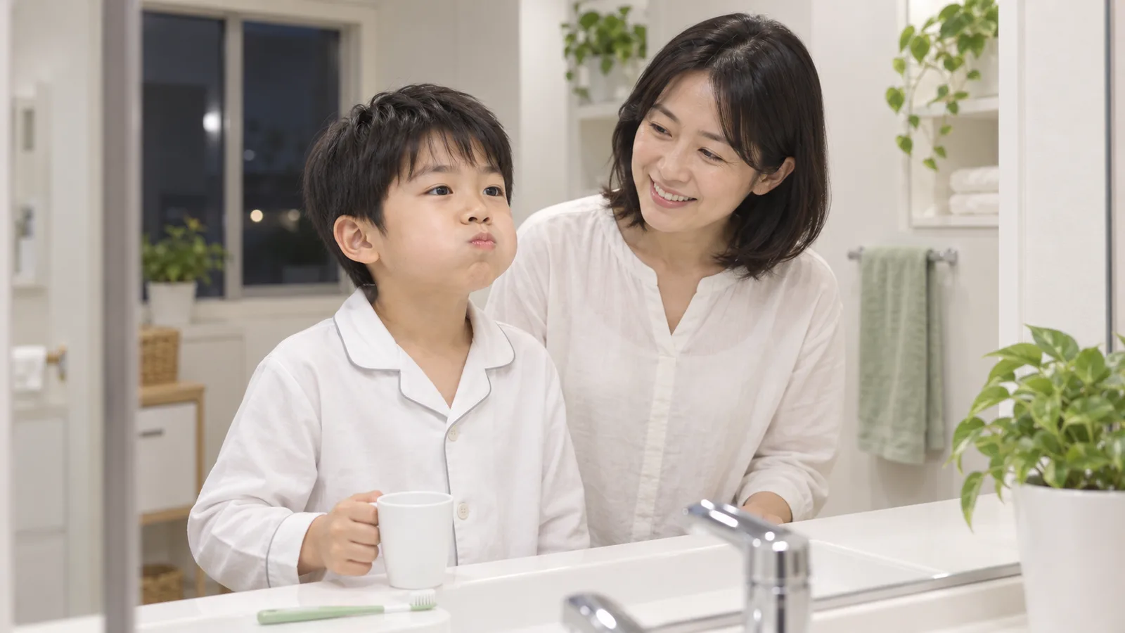 洗面所で、小学生の男の子がほおをふくらませてうがいをし、母親がそばで見ている