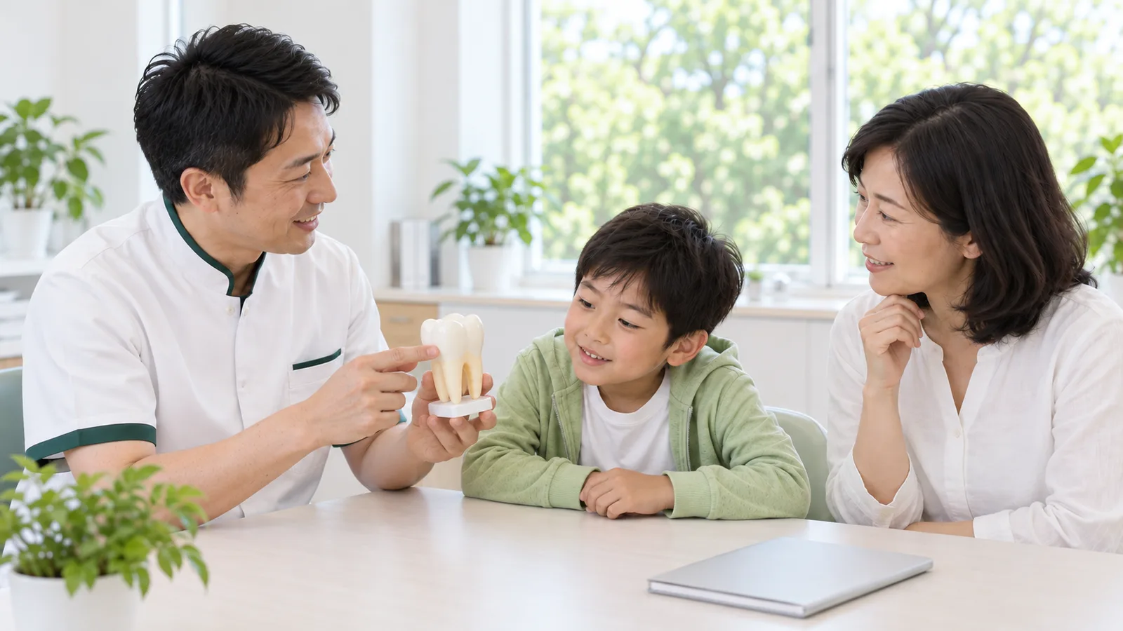 相談室で、歯科医師が奥歯の模型を手に、小学生の男の子と母親に説明している