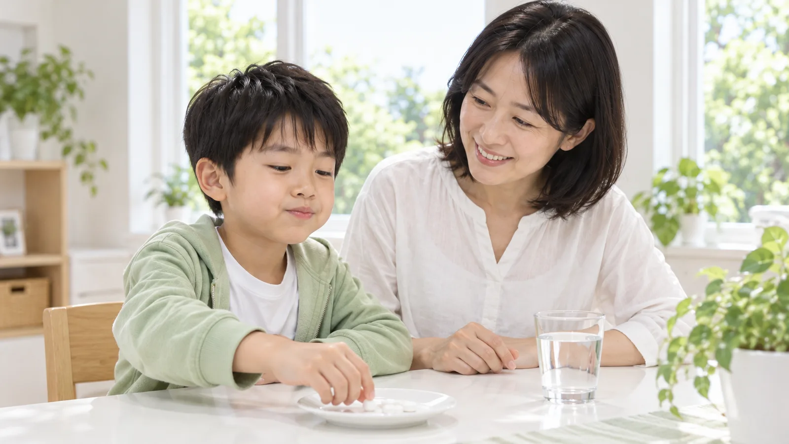 食卓で、小さな白い皿にのった数粒のタブレットと水のコップを前に、小学生の男の子と母親が座っている