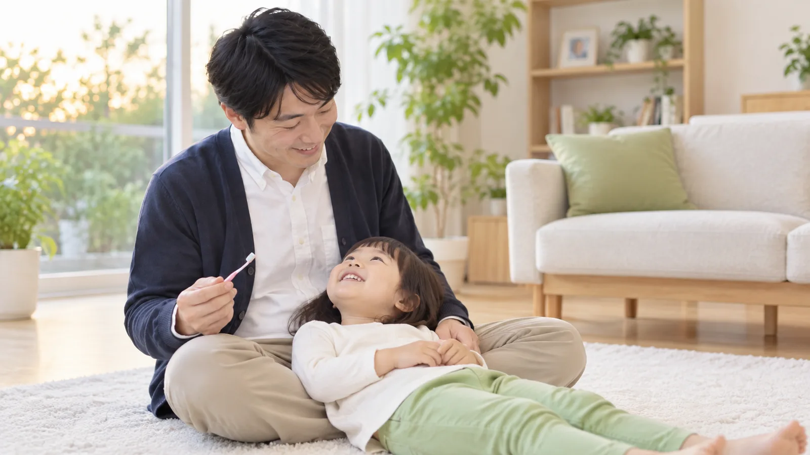 夕方のリビングで、父親のひざに頭をのせて寝転ぶ幼い女の子の横顔