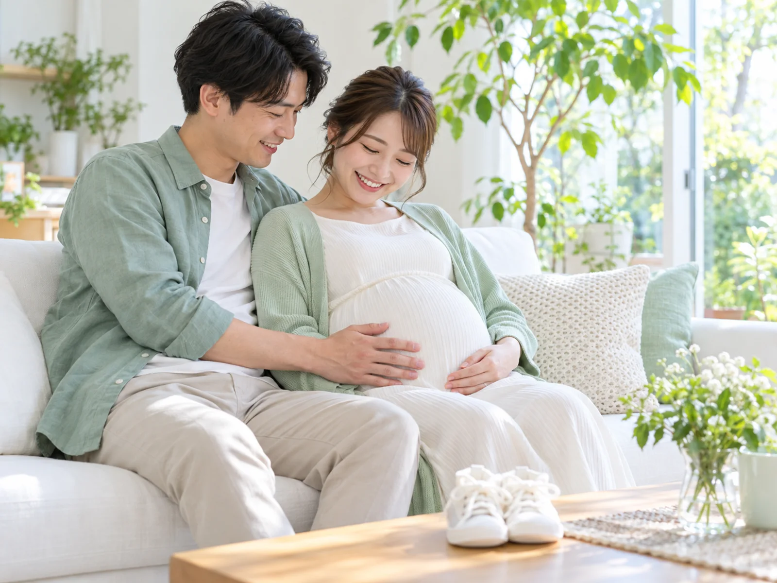 明るいリビングのソファで、妊婦さんと夫が寄り添って座り、おなかに手を添えてほほえんでいる。テーブルには小さな白い靴