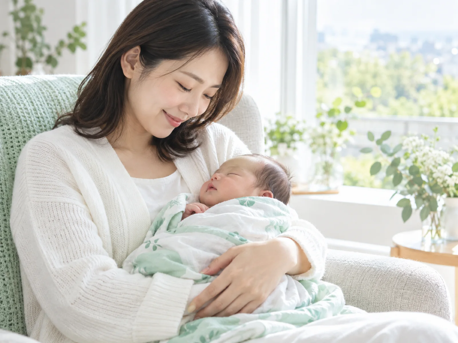 明るい窓辺の椅子で、母親がおくるみに包んだ赤ちゃんを胸に抱き、やさしく見つめている