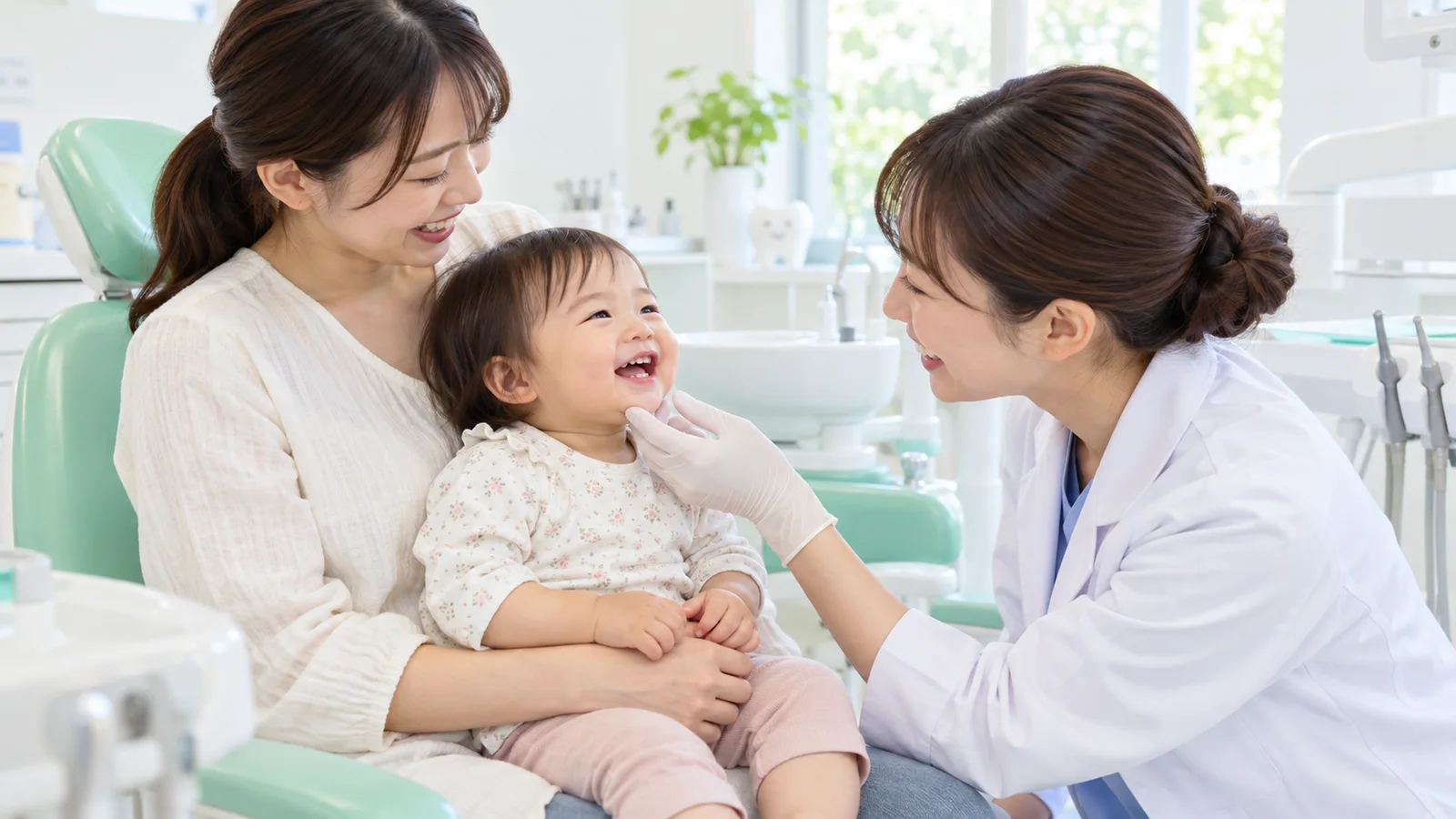 明るい診療室で、母親のひざに座って笑う1歳の子のあごに、女性の歯科医師がそっと手を添えて前歯を見ている