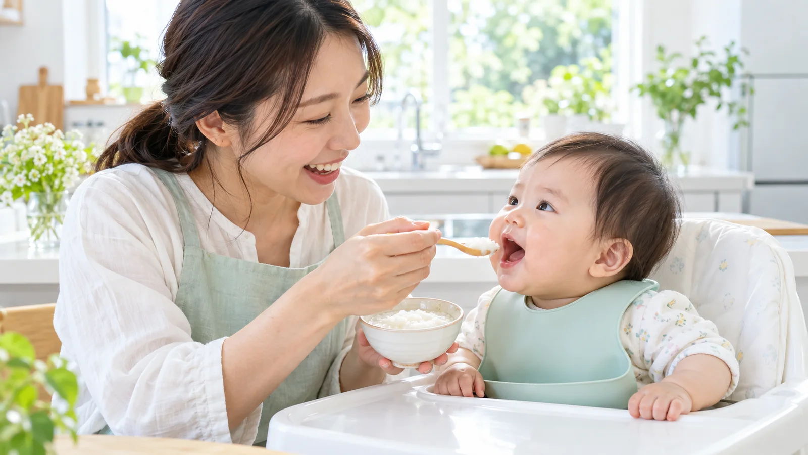 明るいキッチンで、母親が白いベビーチェアの赤ちゃんに、スプーンでおかゆを食べさせている