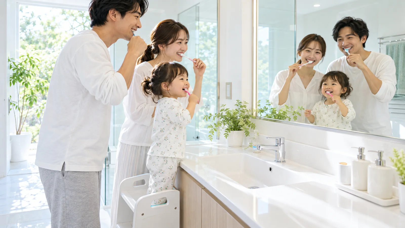 朝の明るい洗面所で、父親と母親と2歳の子が、それぞれ自分の歯ブラシを持って鏡の前で笑っている