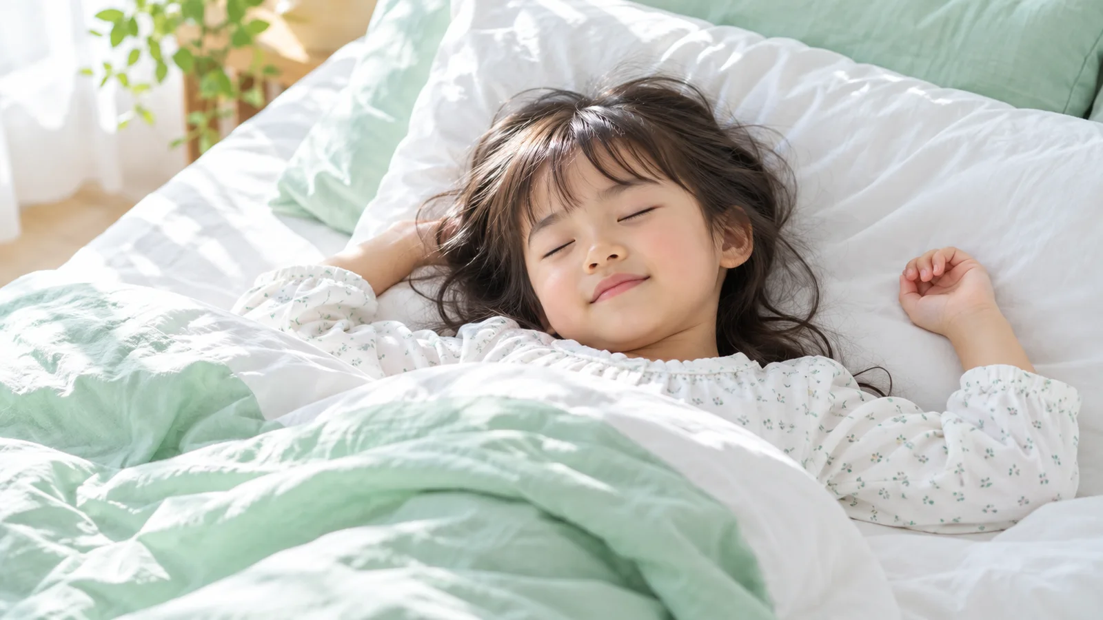 白とミントグリーンの寝具で、4歳ごろの女の子が唇を閉じて穏やかに眠っている