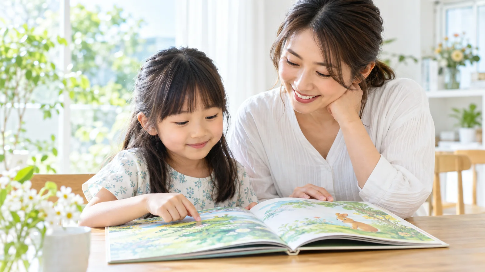明るいテーブルで、6歳ごろの女の子が唇を閉じて絵本を読み、そばで母親がほほえんでいる