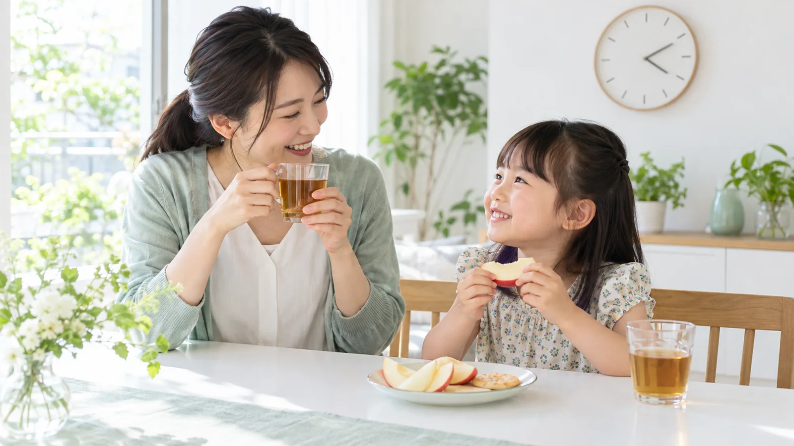 明るい食卓で、母親と5歳の女の子が、りんごとおせんべいの小皿と水を前に、決めた時間のおやつを楽しんでいる