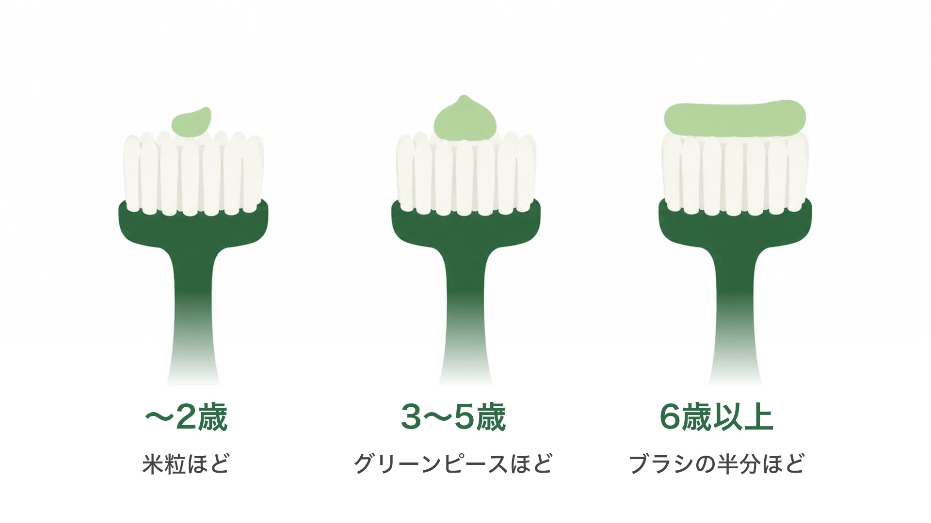 3本の歯ブラシに、2歳までは米粒ほど、3〜5歳はグリーンピースほど、6歳以上はブラシの半分ほどの歯みがき剤がのっている図（年齢と量の文字入り）