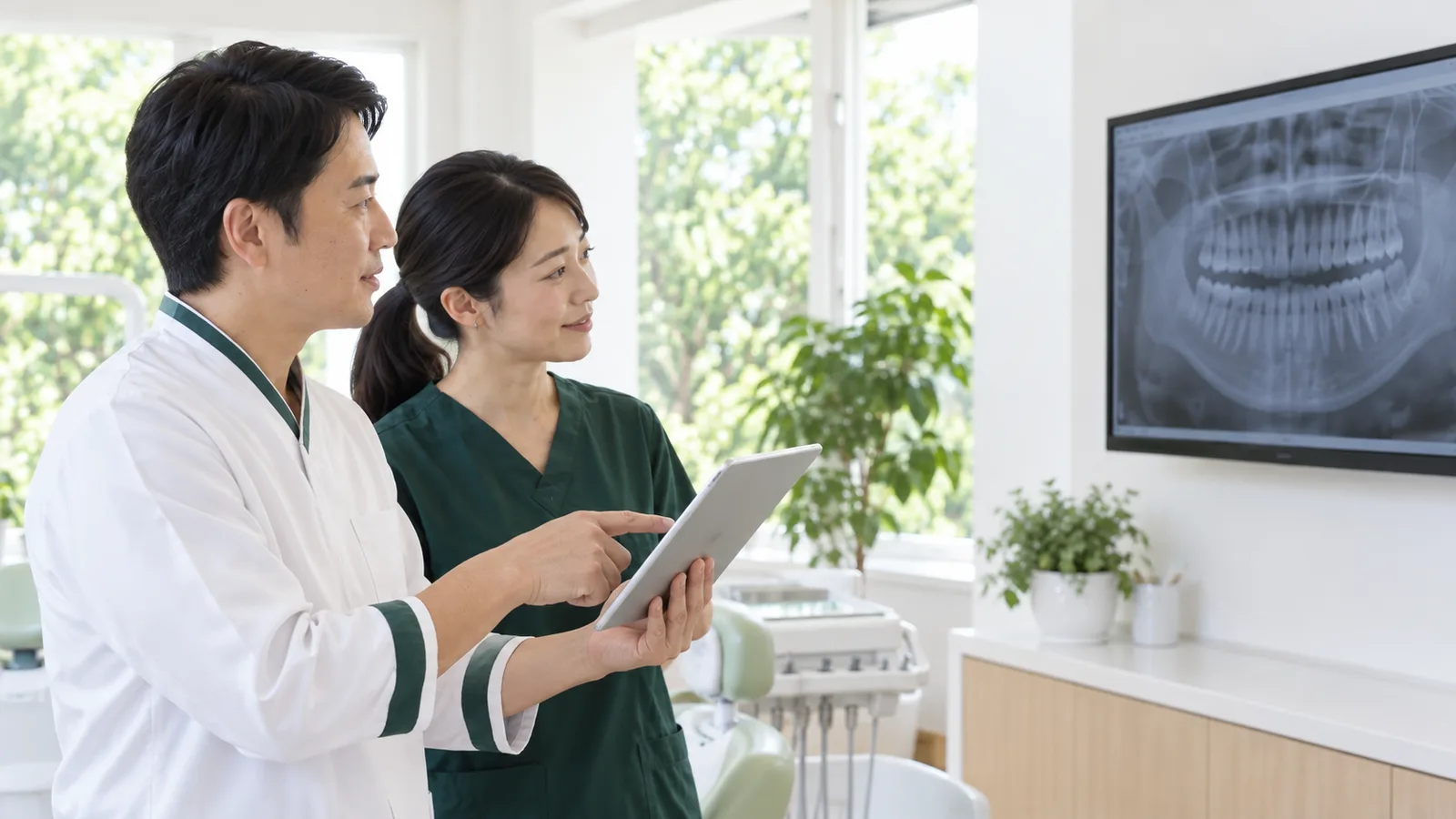 歯科医師と歯科衛生士が、レントゲン画像と検査の記録を見比べている
