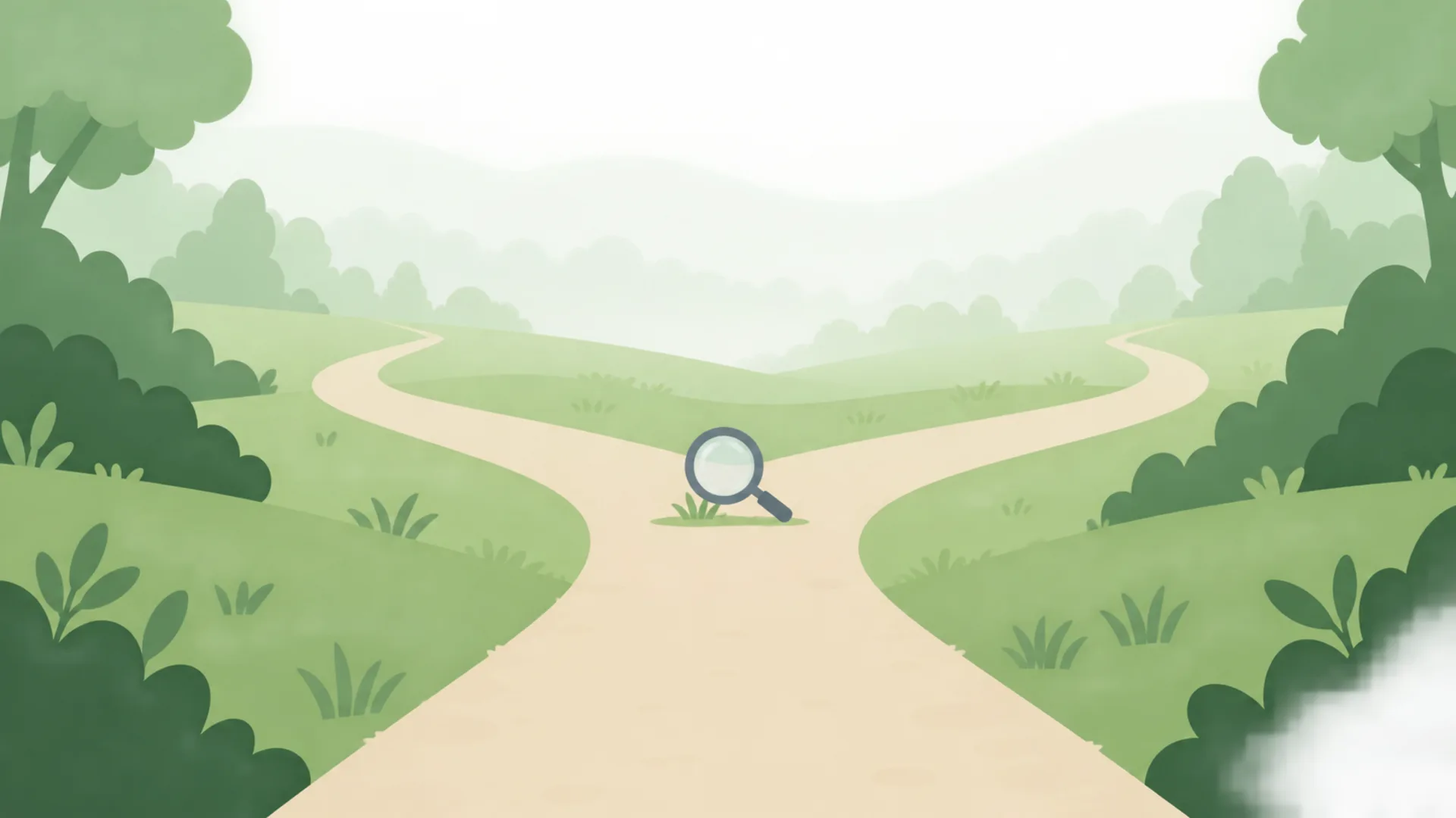 若葉の丘の間で、1本の小道が2つに分かれている風景