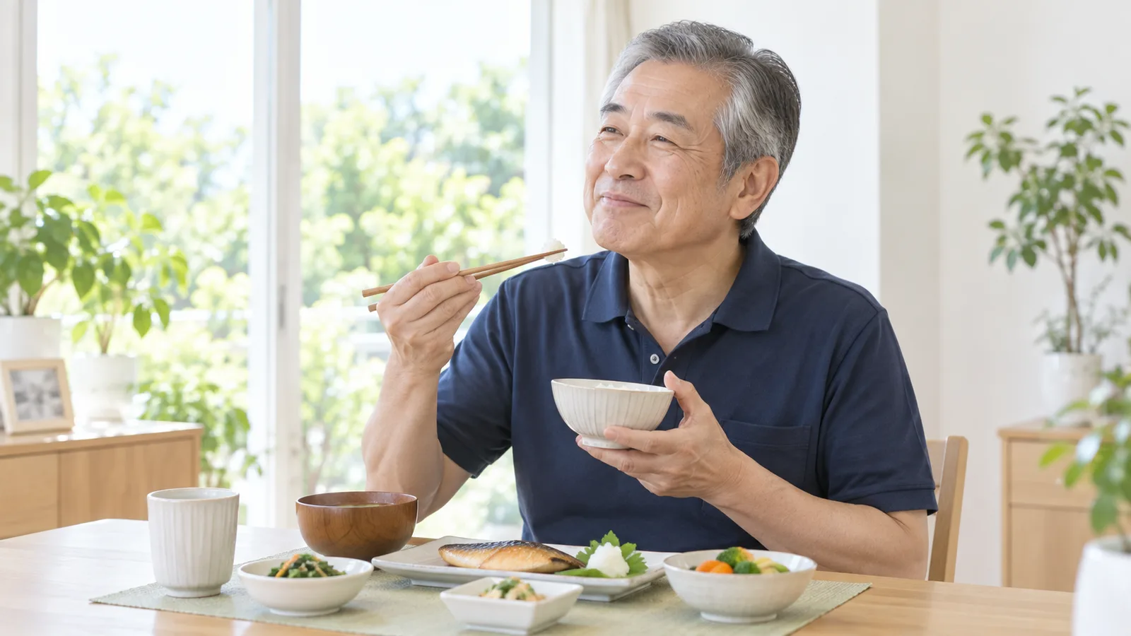 60代の男性が、家の食卓で野菜の多い食事をゆっくり噛んで食べている