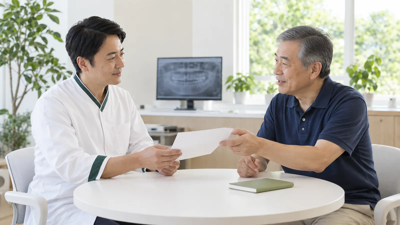 歯科医師が、患者さんが持ってきた検査結果の紙を一緒に見ている