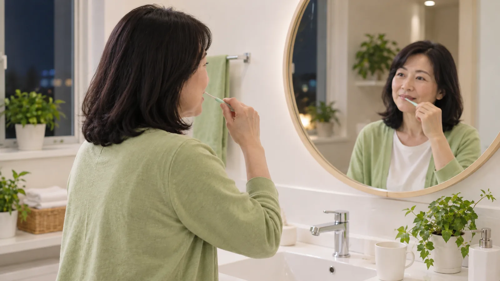 鏡の前で、女性が歯間ブラシを使っている