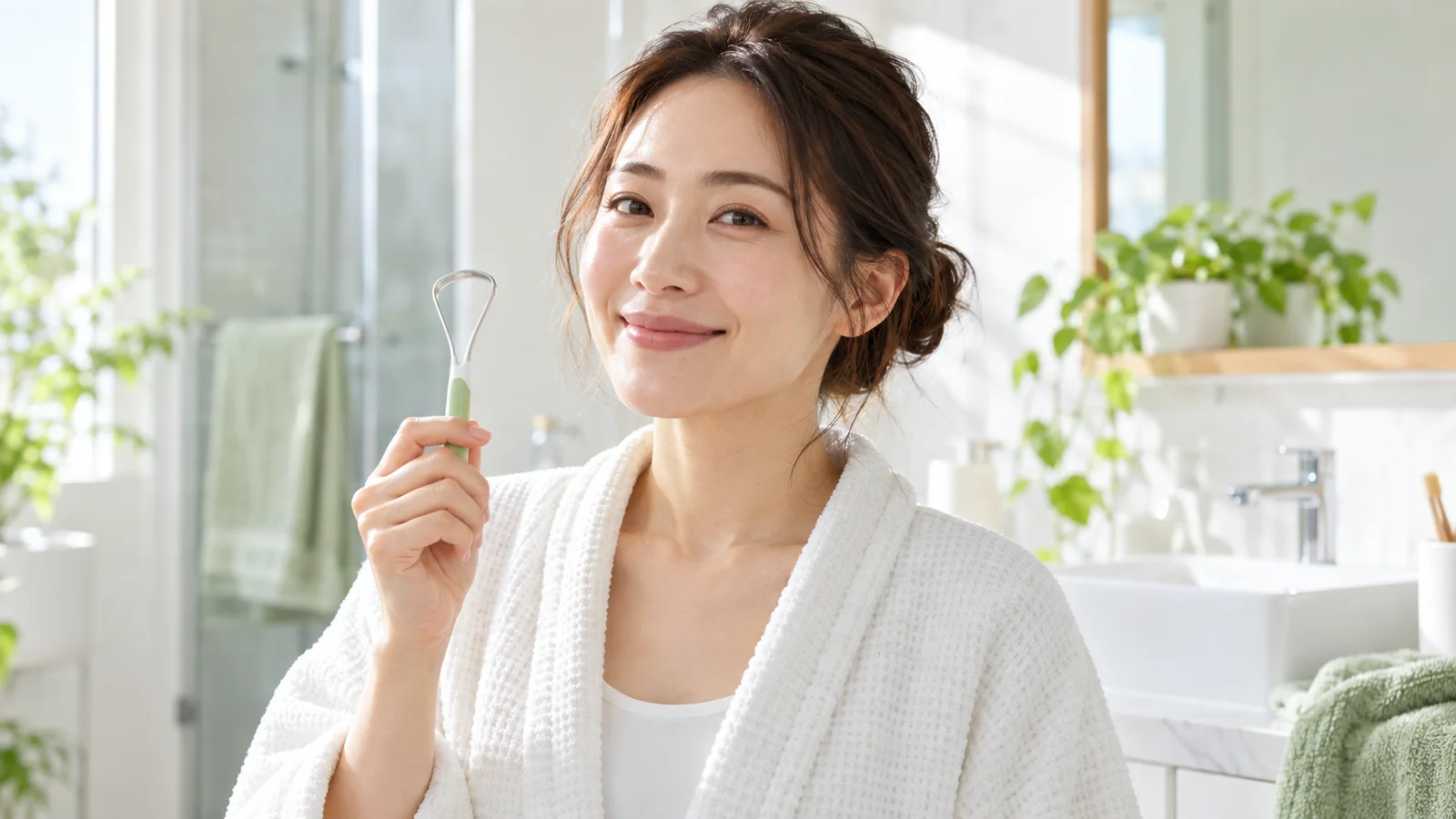 朝の明るい洗面所で、舌ブラシを手にほほえむ30代の女性