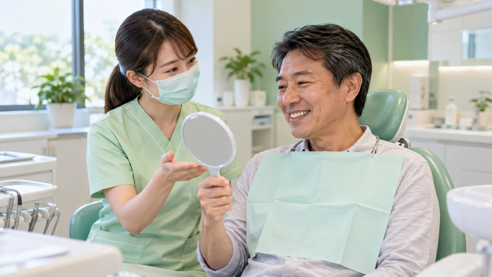 明るい診療室で、歯科衛生士が手鏡を使って説明し、診療台の男性が笑顔で聞いている