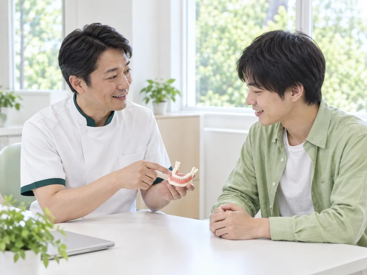 明るい相談室で、歯科医師が大学生の男性に歯の列の模型を見せながら話している