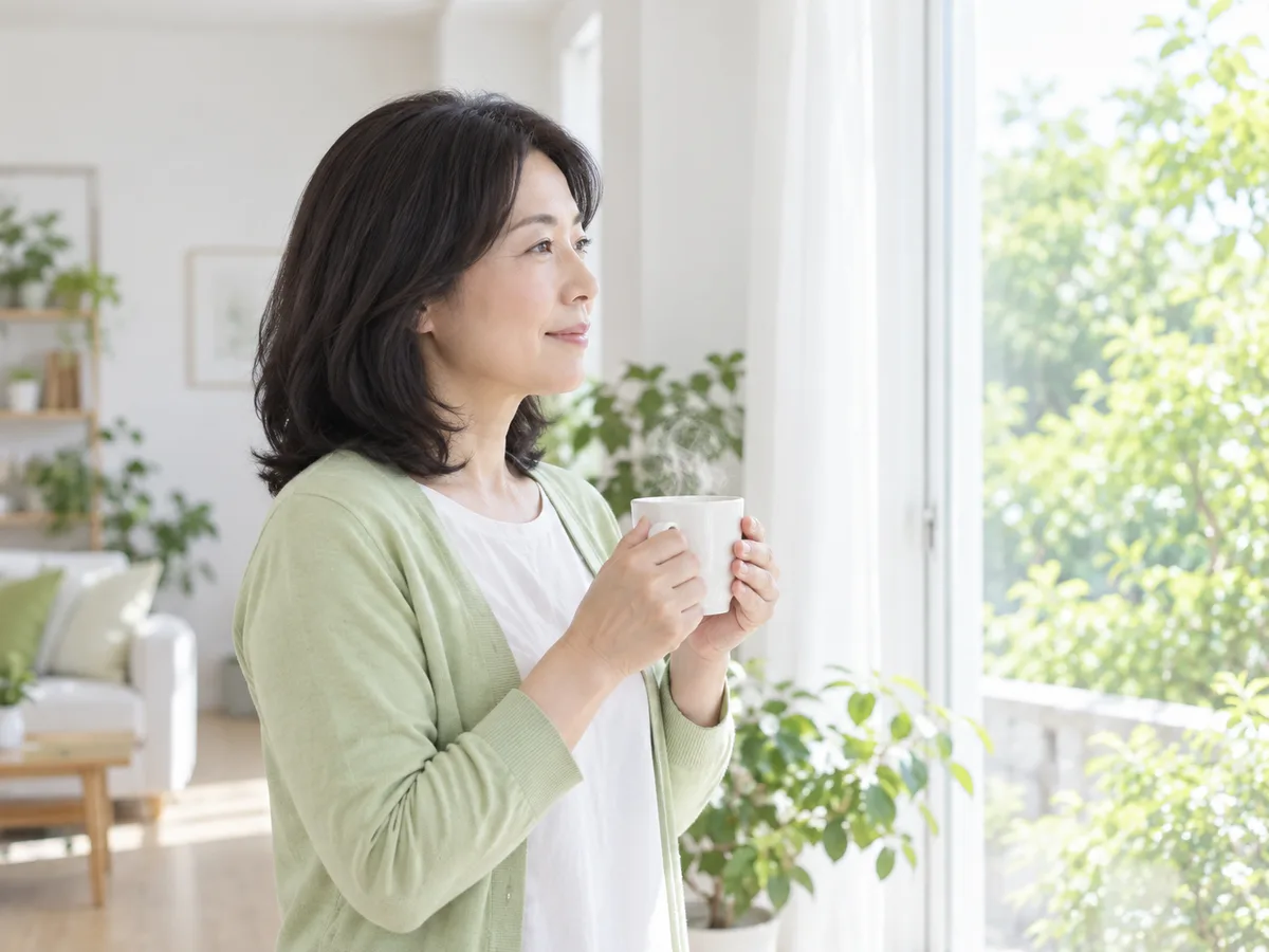 朝の窓辺で、40代の女性が湯気の立つマグカップを両手で持ち、肩の力を抜いている