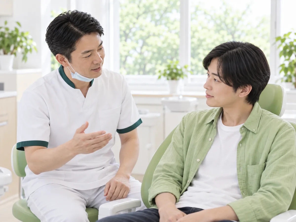 診療室で、診療台に体を起こして座った大学生の男性に、歯科医師が隣から話しかけている