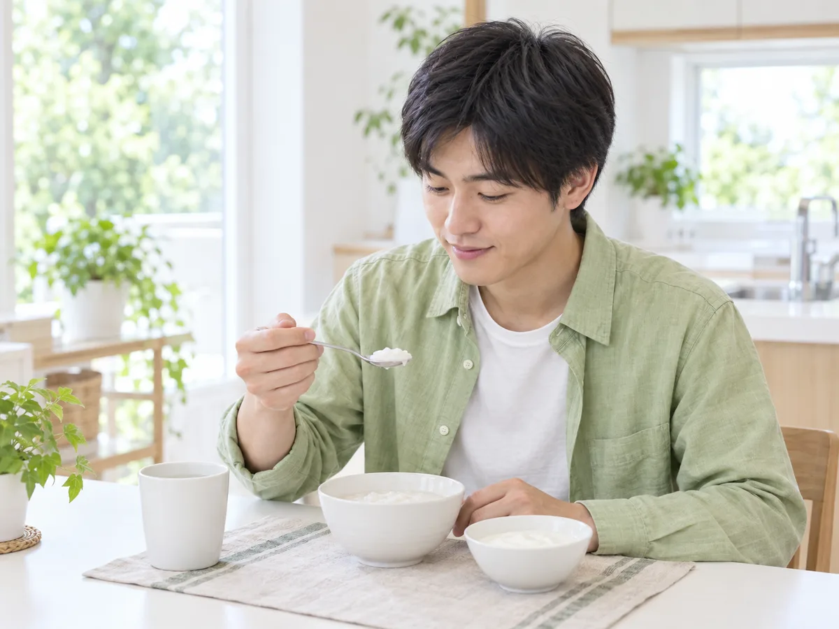 自宅のキッチンで、大学生の男性がやわらかい食事を小さなスプーンで食べている