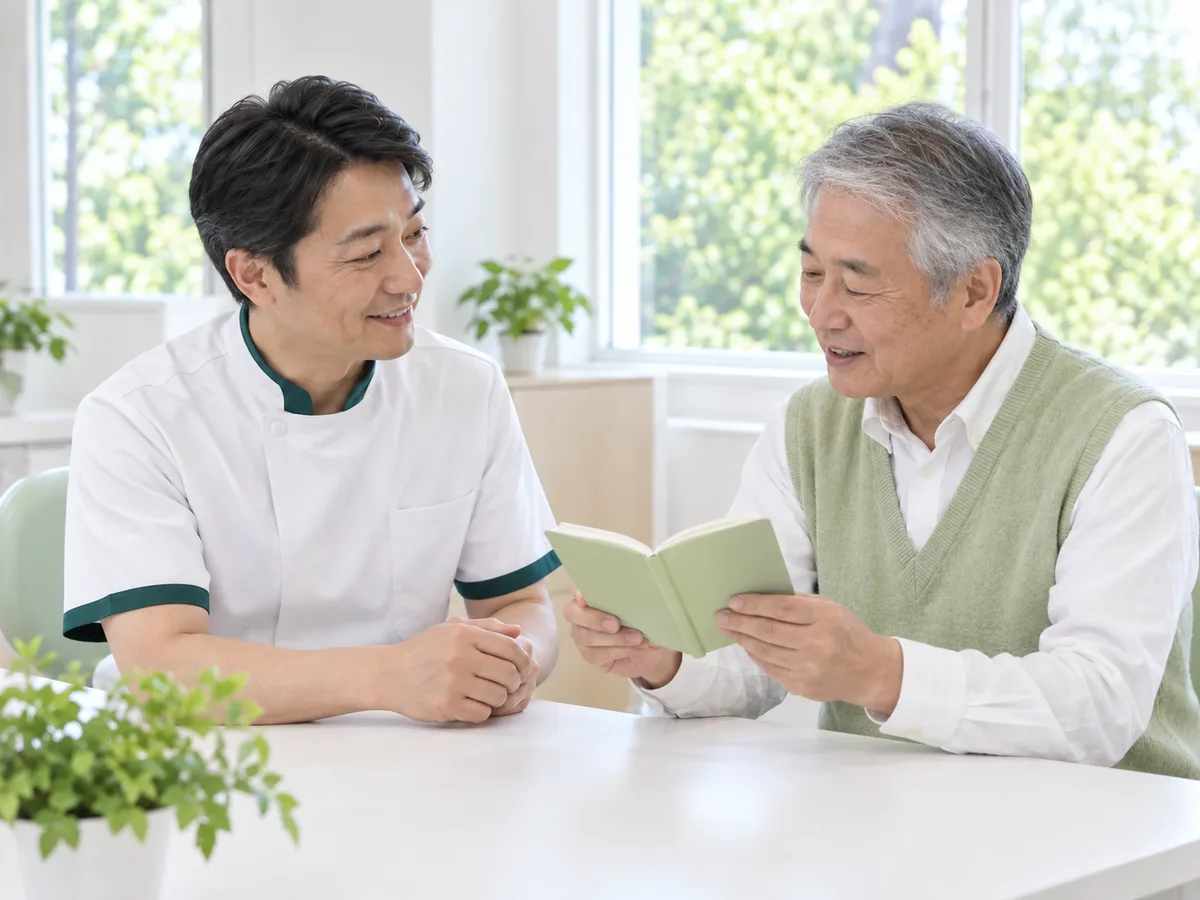相談室で、60代の男性が小さな手帳を歯科医師に見せ、歯科医師がそれを見ながら話を聞いている