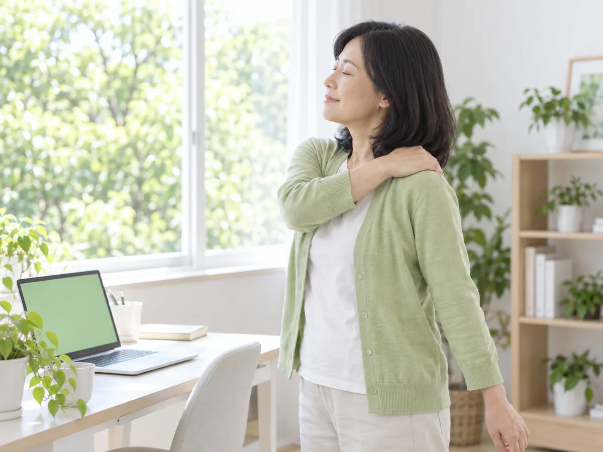 自宅のデスクのそばで、40代の女性が立ち上がって肩を回し、力を抜いている横顔