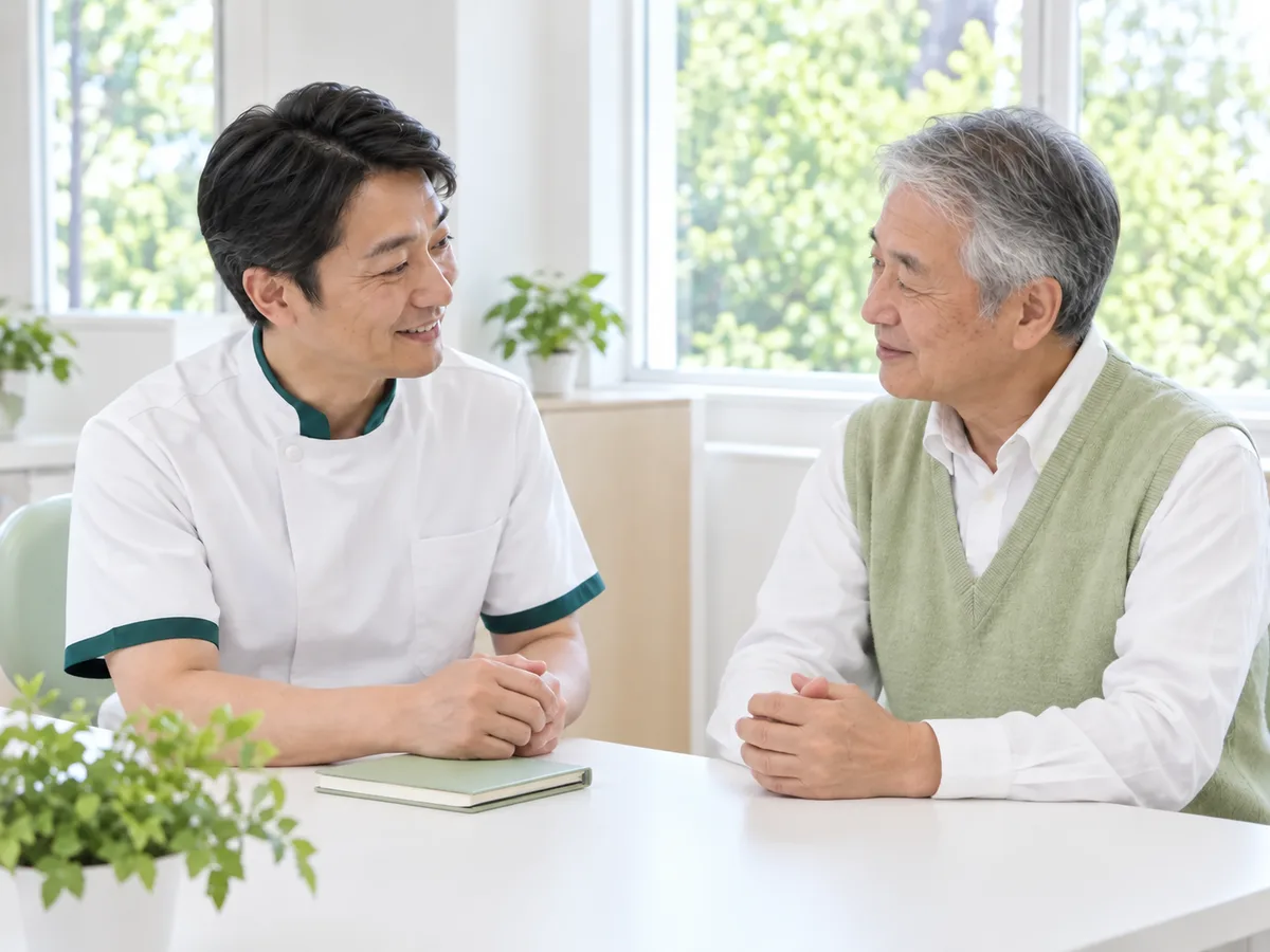 相談室で、60代の男性と歯科医師が穏やかに話している