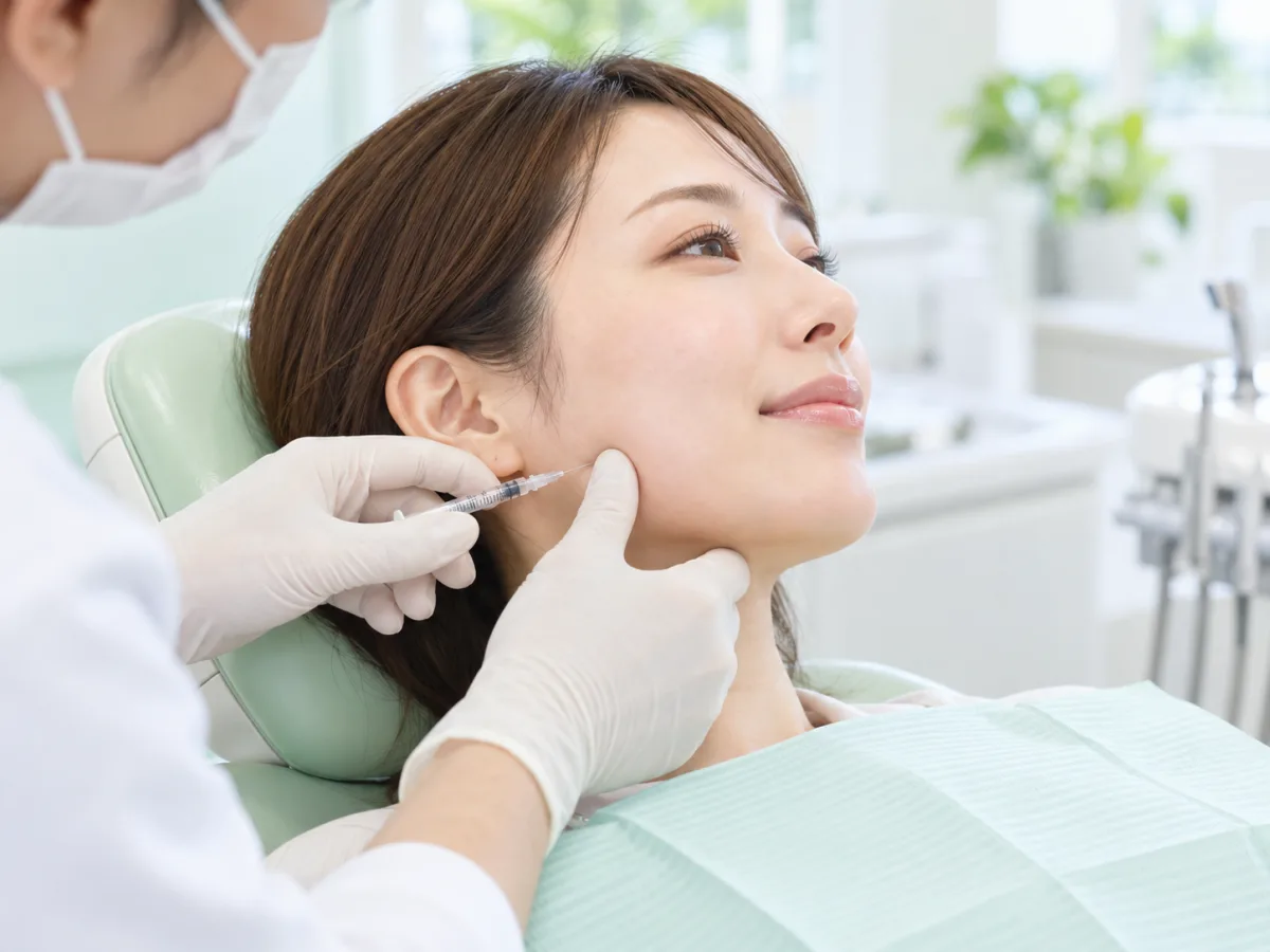 診療台で、歯科医師が女性の下あごの角（エラ）の筋肉に細い注射器でボトックスを注射している