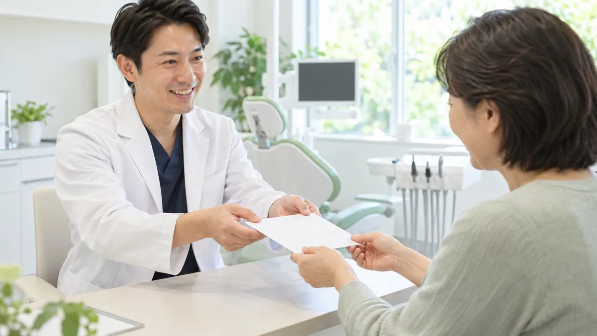 相談室で、歯科医師が患者さんに病院への紹介状の封筒を両手で手渡している