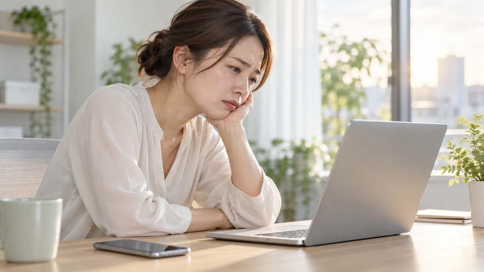 自宅のデスクで、30代の女性がノートパソコンに向かい、頬杖をついて肩を丸め、疲れた表情をしている