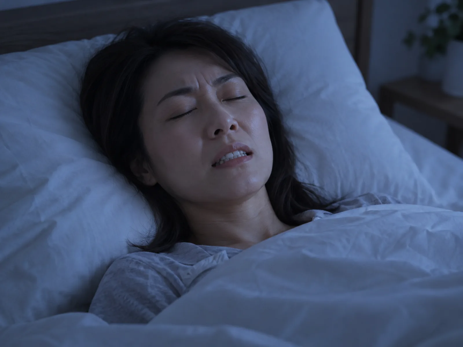 夜の寝室で、40代の女性が眠りながら歯を食いしばり、少し顔をしかめている