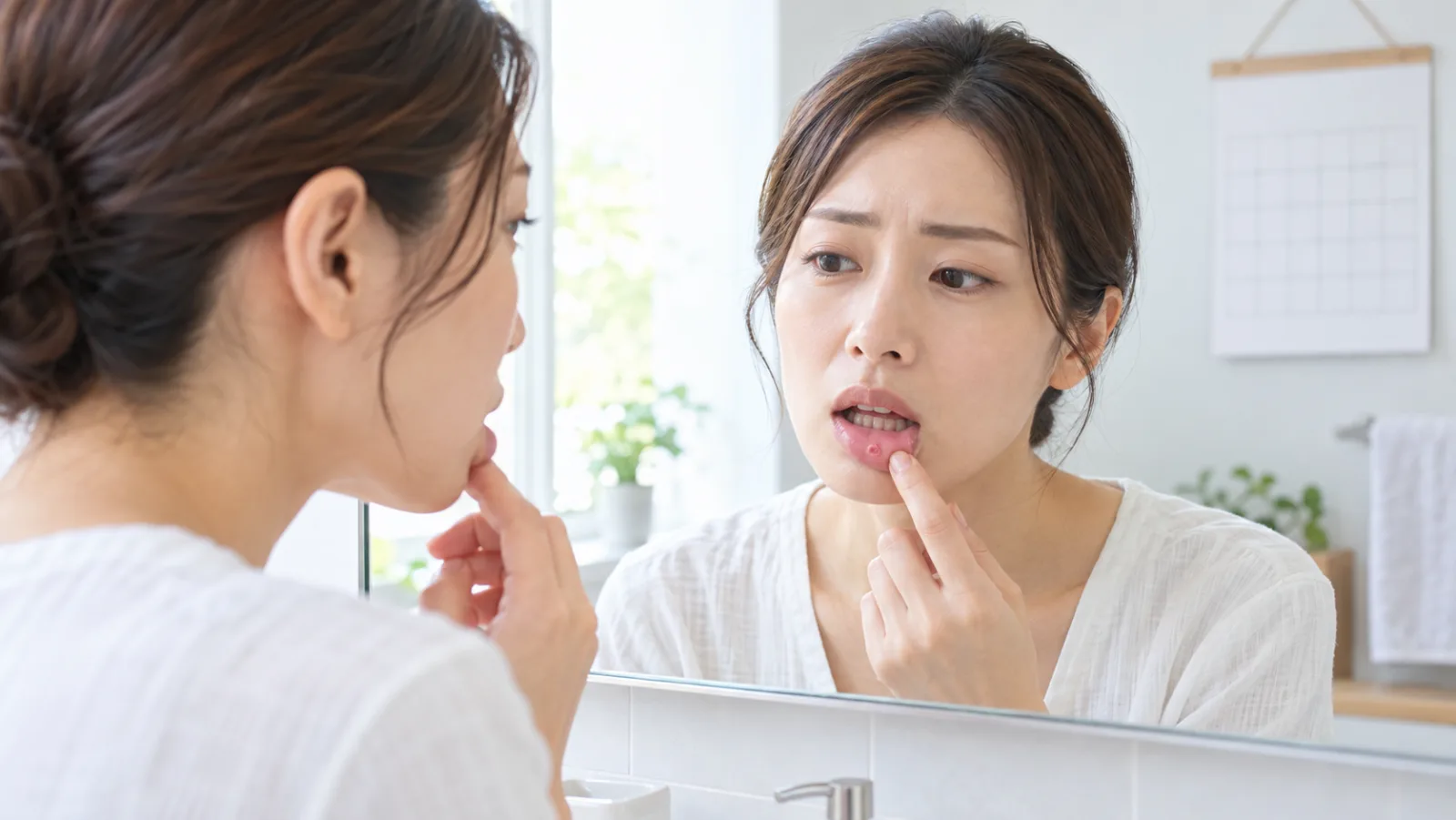 明るい洗面所で、30代の女性が下唇を指で下げ、鏡で口内炎を確かめている