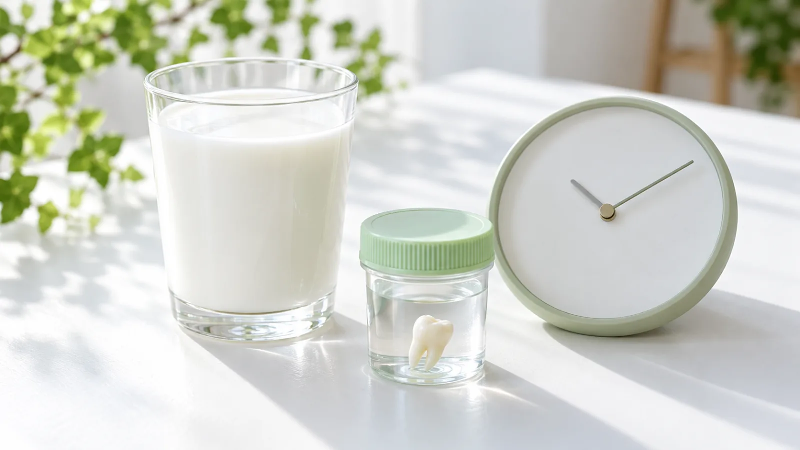 白い机の上に、牛乳の入ったコップ、歯を入れた保存液の小さな容器、時計が並んでいる