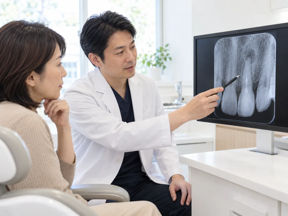 相談室で、歯科医師がモニターのレントゲンの根の先の影をペンで示し、40代の女性に説明している