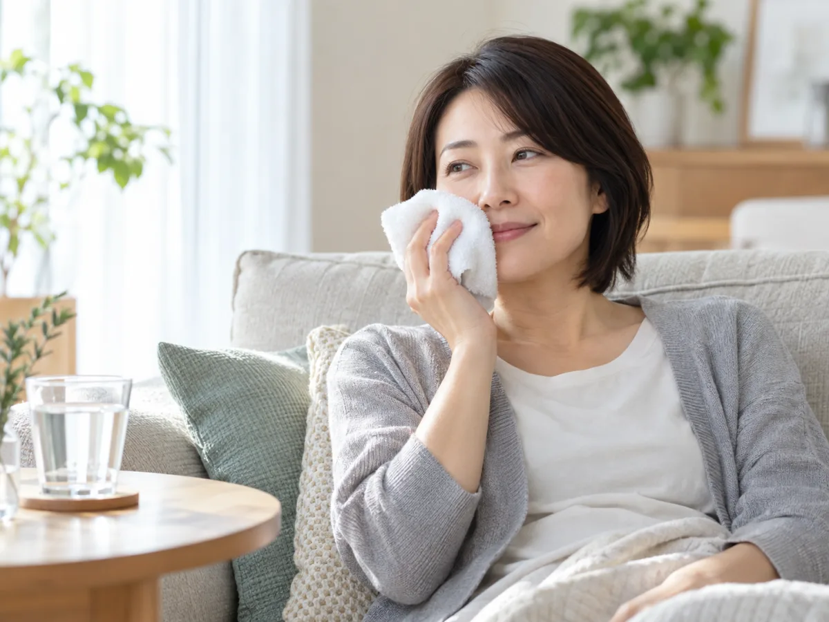 自宅のソファで、40代の女性が冷たいタオルを口元に当てて休んでいる